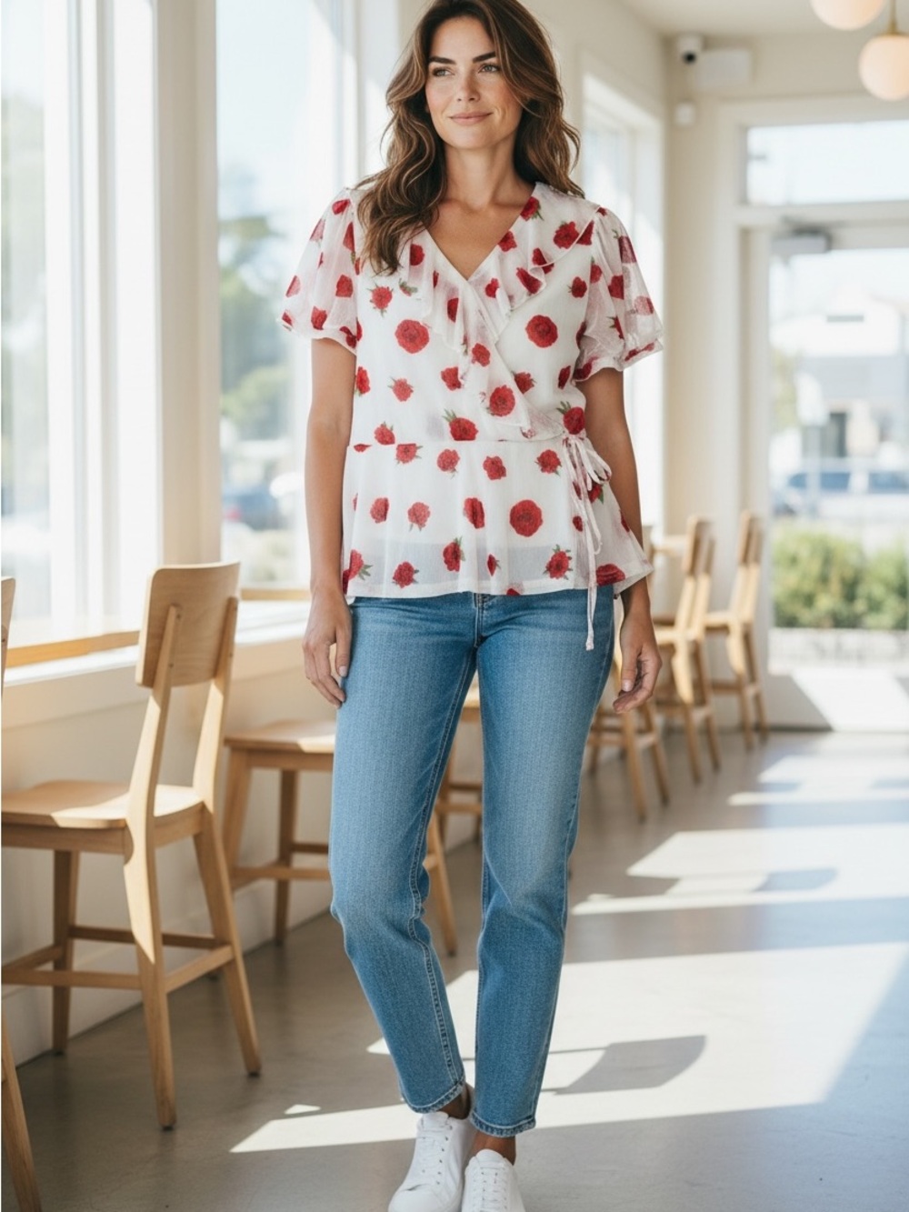Ember Red Rose Print Wrap Blouse in White